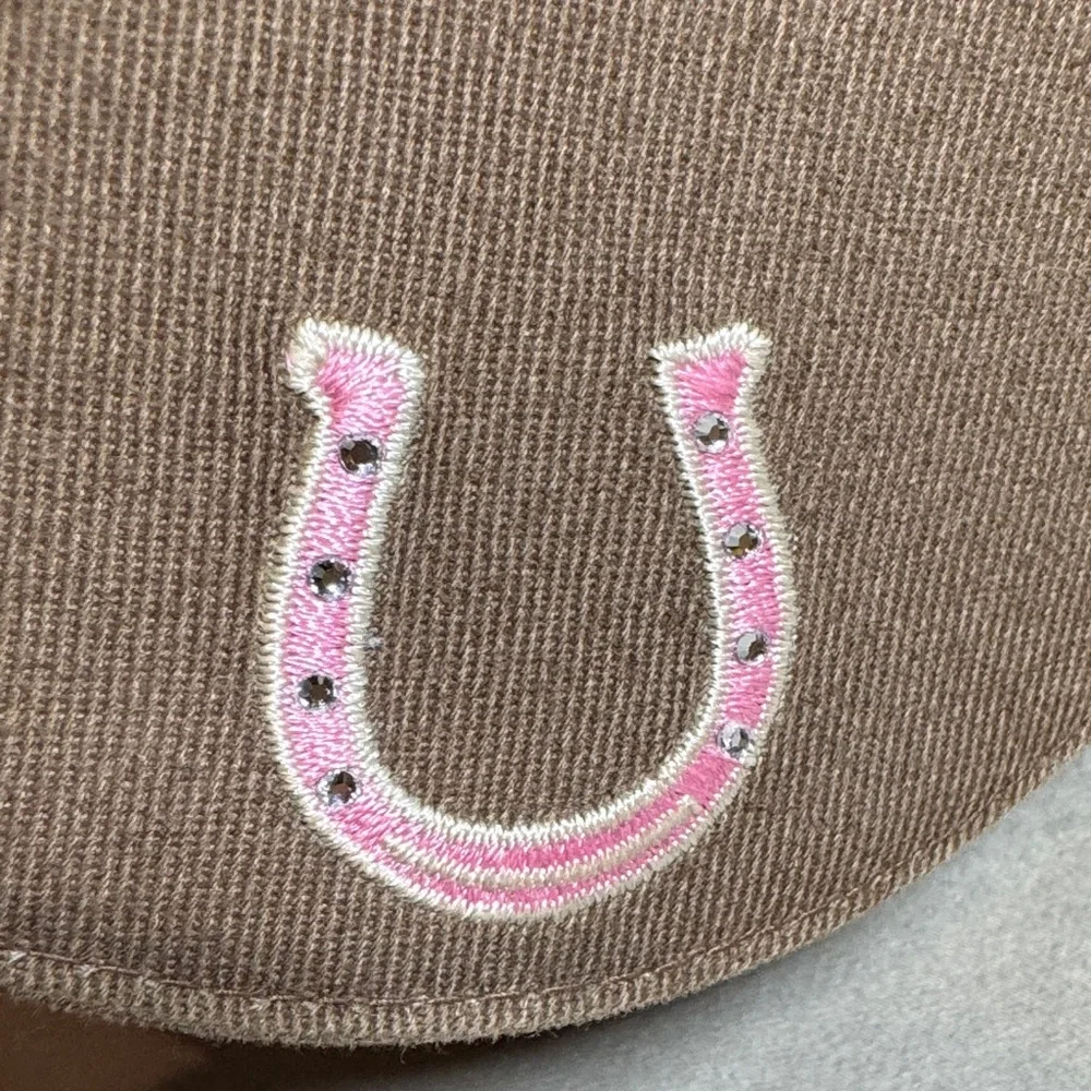 Brown Cotton Cap with Pink Horseshoe Design.
